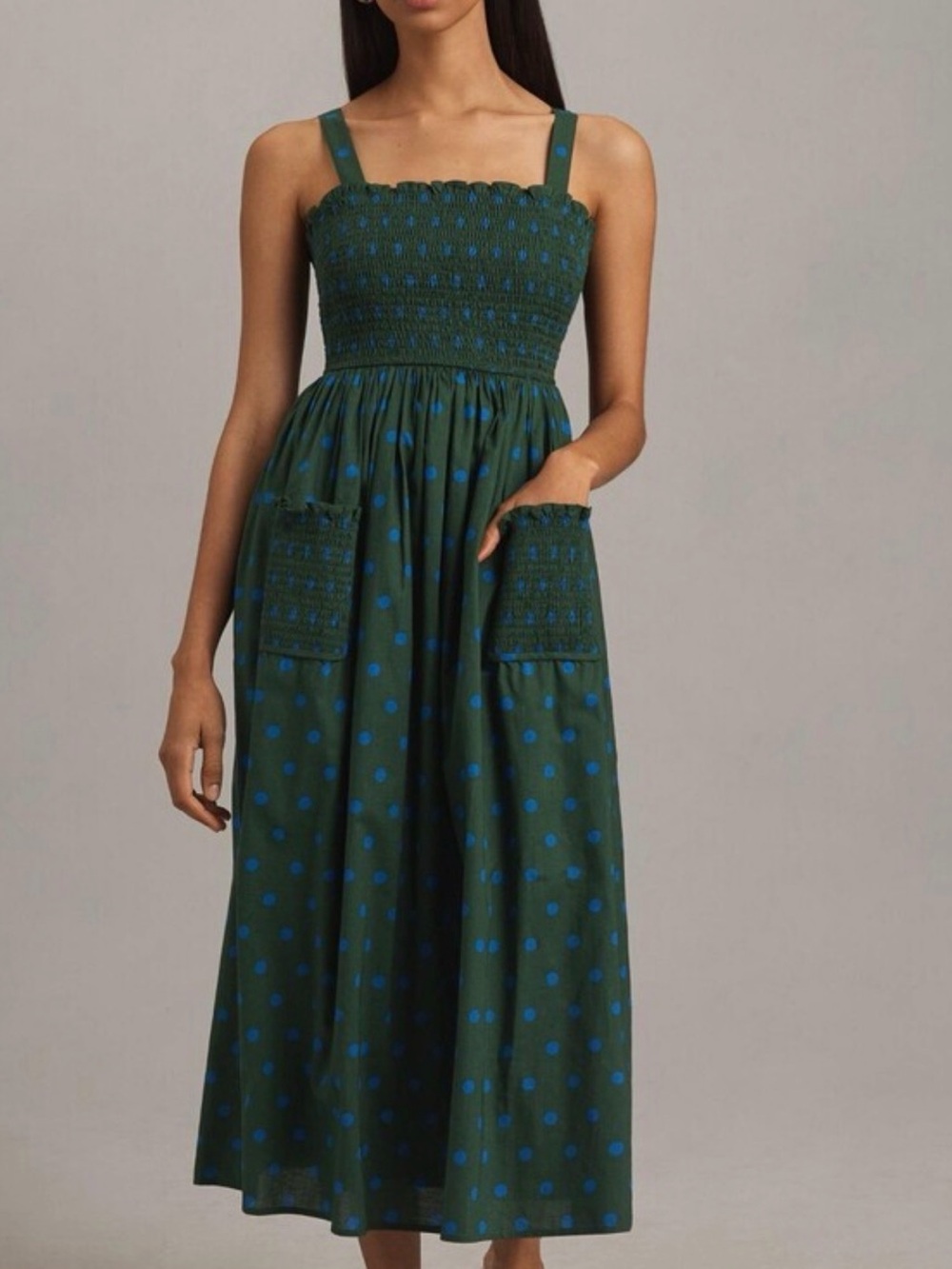 Anthropologie Pinnacle Smocked A-Line Midi Dress - Green with BluePolka Dots - M - Picture 1 of 9